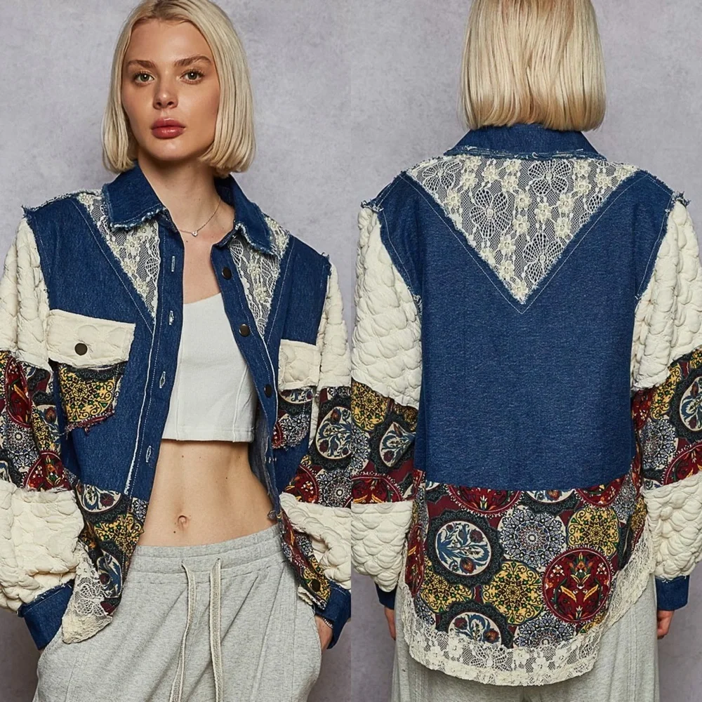 NEW POL Denim Blue Balloon Sleeve Patchwork Jacket Boho Lace Back Size Large - Picture 2 of 7